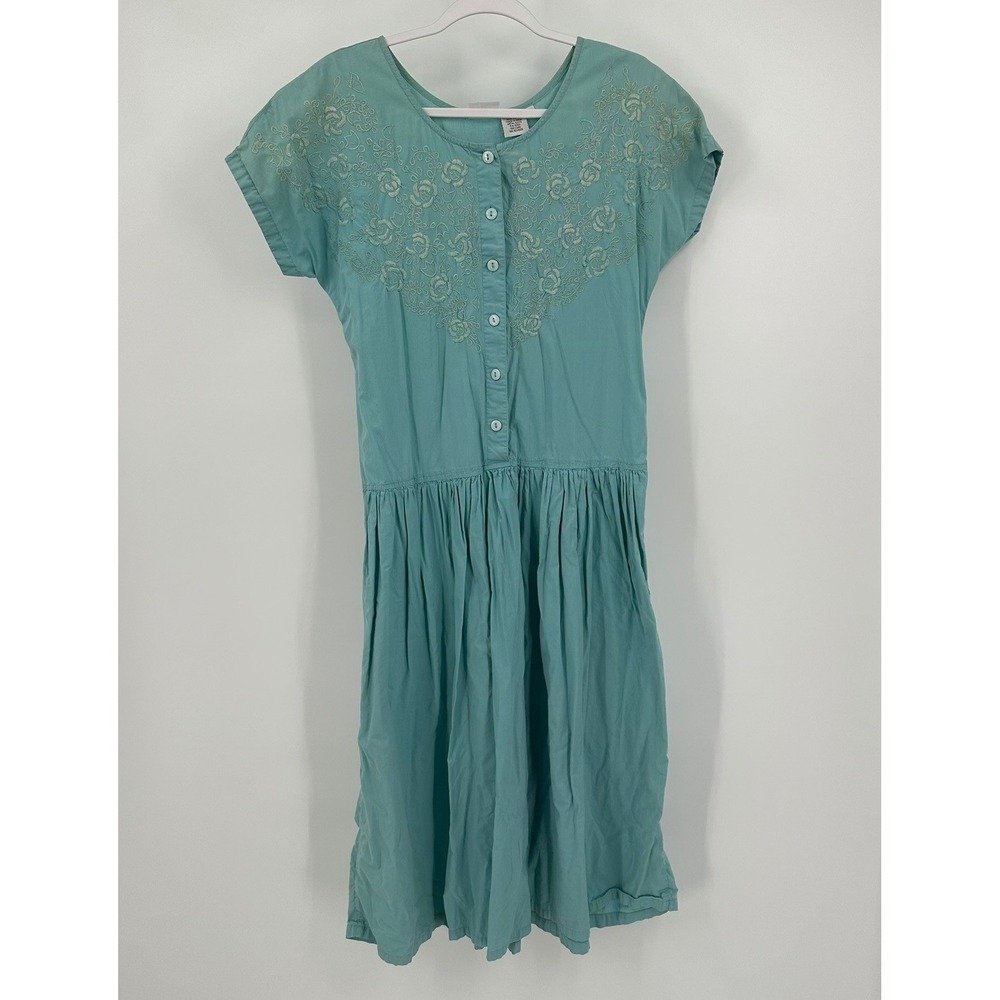 Women Vintage Cottagecore Shabby Chic Midi Dress Sz 8 Prairie Country Embroidery